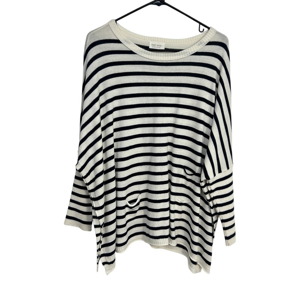 Mer Sea Nautical Striped Oversized Sweater OS White Navy Preppy Coastal Classic